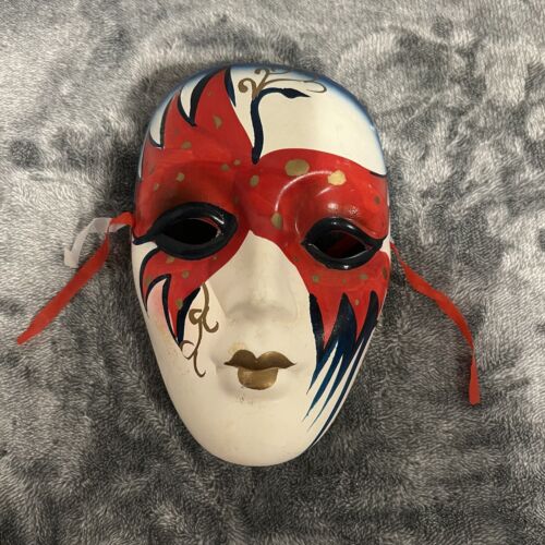 Decorative Mardi Gras Mask Ceramic Black White Red 7” Small