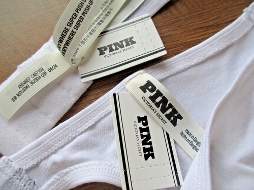 VICTORIA'S SECRET PINK Super Push-Up Bra & Thong Panty Set VS White Cotton Logo - Picture 9 of 9