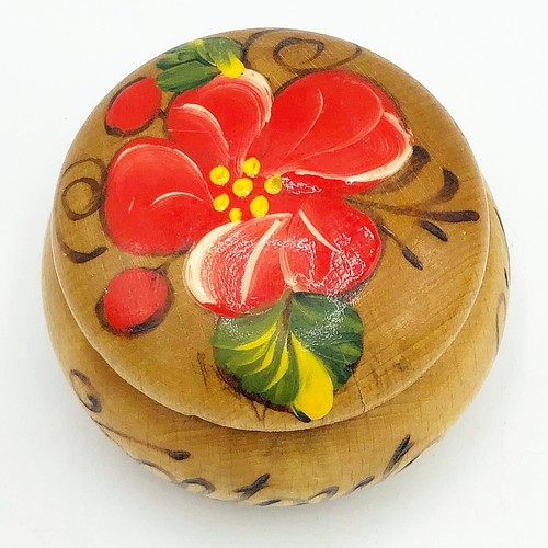 Floral Painted Wooden Souvenir Small Lidded Bowl - Picture 5 of 7