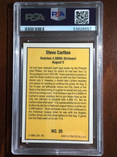 1986 Donruss Highlights — Steve Carlton — Notches 4000th K — MINT PSA 9 — pop 75 - Picture 2 of 3