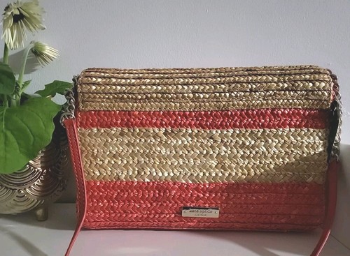 New Kate Spade New York Kaley Bow Bridge Straw Natural Coral Shoulder Bag Clutch - Picture 8 of 12