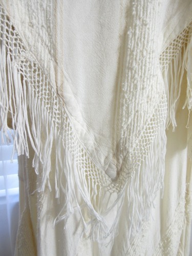 Long Sleeve Hippie Poncho Dress Ivory Fringed Kaftan Sheath Layered Cotton L/XL - Picture 5 of 16