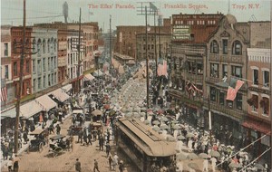 S21-1331-Postcard-Franklin-Square-Troy-NY-Elks-039-Parade-Horse-Buggy-c-1910