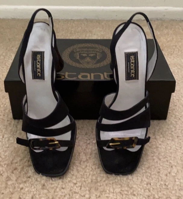 BNIB ISTANTE VERSACE BLACK SUEDE STRAPPY SANDALS W/TORTOISESHELL HEELS & BUCKLE - Image 2 of 4