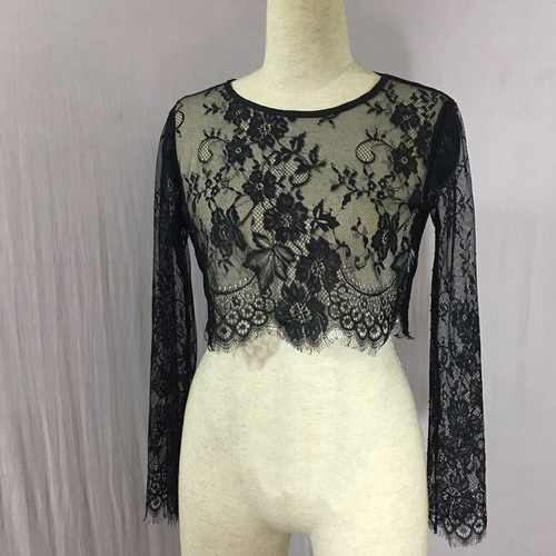 Women's Lace Mesh See Through Sheer Long Sleeves Crop Tops Short Blouse T shirt - Picture 5 of 15