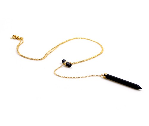 Black Onyx Lariat Necklace Pencil Bar Gold Plated Necklace 925 Sterling Silver - Picture 6 of 6