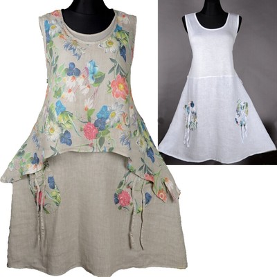 2tlg LEINEN SOMMER TUNIKA TWINSET KLEID LAGENLOOK 44 46 48 50 52 L XL XXL BEIGE