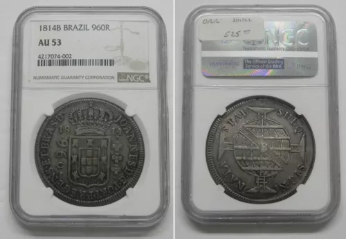 1814 B Brazil Brasil 960 Reis Silver Crown Coin, NGC AU53, KM 307.1  #4002