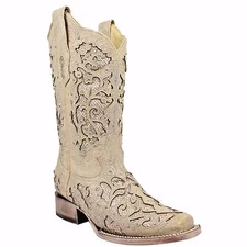 Corral Ladies White Glitter Inlay/Crystals Square Wedding Boot A3397