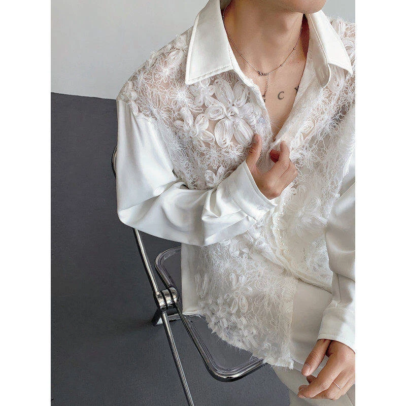 Mens Flower Hollow Lace Pearl Luxury Dress Shirt Long Sleeved Loose Casual Shirt - Image 2 of 4