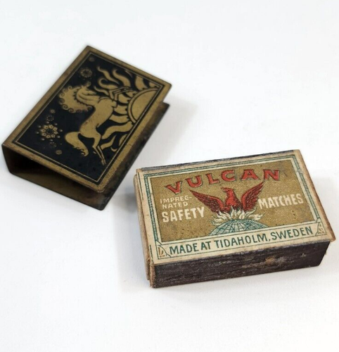 Art Deco Brass and Niello Etched Match Safe Vulcan Safety Match Box - Picture 2 of 8