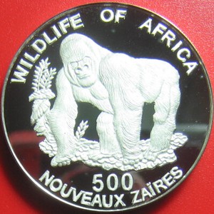 1996-ZAIRE-500-ZAIRES-DEEP-CAMEO-SILVER-PROOF-GORILLA-AFRICAN-WILDLIFE-SUPERB