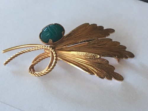 Vintage INC Brooch Pin Gold Filled 1/20 12K Fanned Leaf Spray Carved Oval Jade - Picture 11 of 12