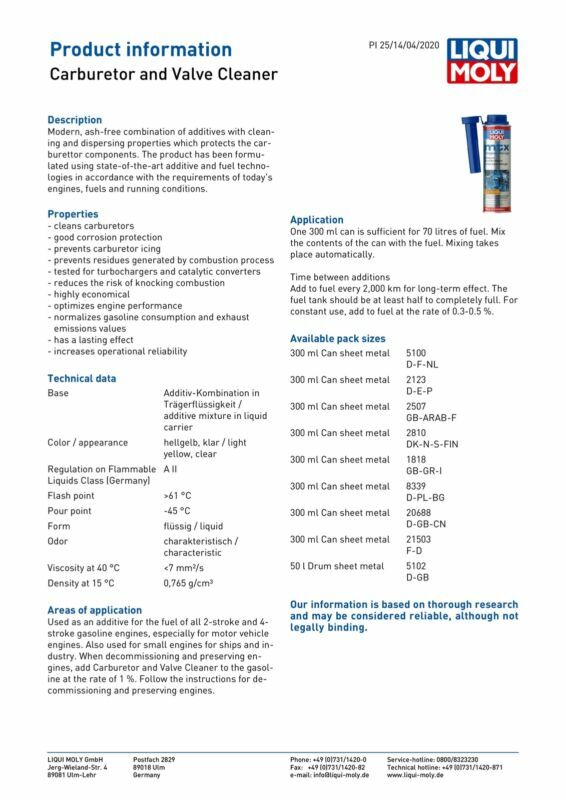 Liqui Moly MTX Carburetor Carb & Valve Cleaner Petrol Additive 300ml
