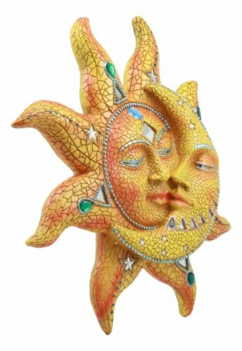 Ebros Orange Mosaic Face Sun with Yellow Mosaic Moon, 13"H Wall Plaque Decor - Picture 6 of 7