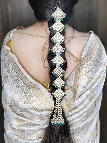 Gold Plated Handcrafted Kundan Bridal Wedding Hair Braid Choti Jewelry Set yuy - Picture 4 of 4
