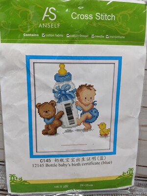 Anself Baby Bottle Birth Record Cross Stitch Kit New