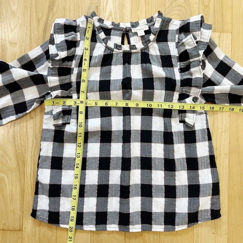 J Crew Crewcuts Ruffle Buffalo Plaid Black White Shirt Metallic Thread Size 12 - Picture 11 of 13