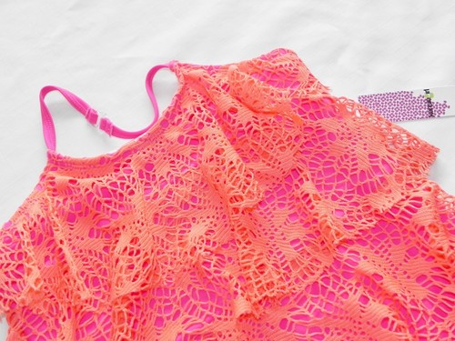 NEW GIRLS 8 KENSIE 2 PIECE TANKINI FLUTTER HALTER SWIMSUIT SUIT CORAL/PINK LACE - Picture 4 of 5