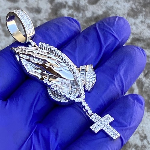 925 Sterling Silver Iced CZ Pendant Pray Praying Hands w/Dangling Rosary Cross - Picture 4 of 12