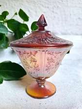 Vtg Amberina Carnival Glass Sharon Cabbage Rose Lidded Compote Candy Dish 7.5" H