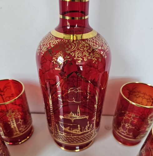 Vtg Decanter 6 Glasses Bohemian Ruby Cranberry Red Gold Overlay W/ Stopper Glass - Picture 7 of 10