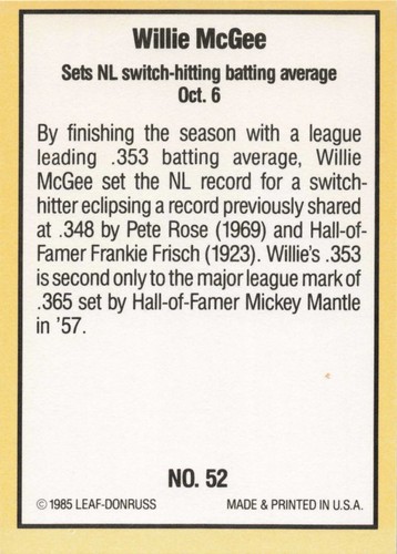 1985 Donruss Highlights Baseball Willie McGee St. Louis Cardinals #52 - Picture 2 of 2