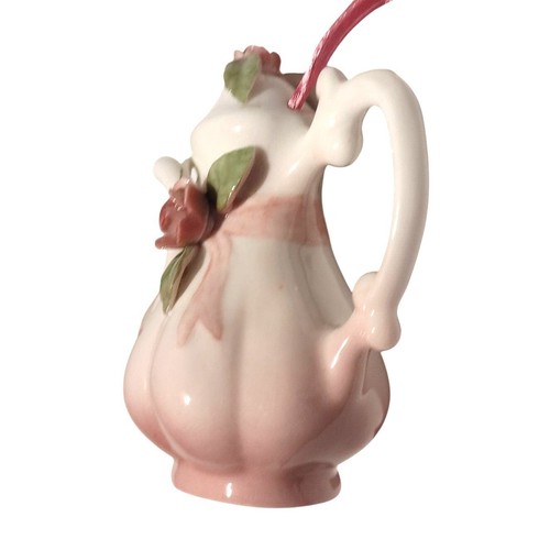 Vintage Porcelain Teapot Ornament Pink & White Floral Accent Ribbon Cute Gift 3" - Picture 3 of 7