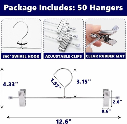 Amber Home 50 Pack Metal Pants Hangers with Clips, Heavy Duty 50 Pack, Silver - Picture 2 of 7