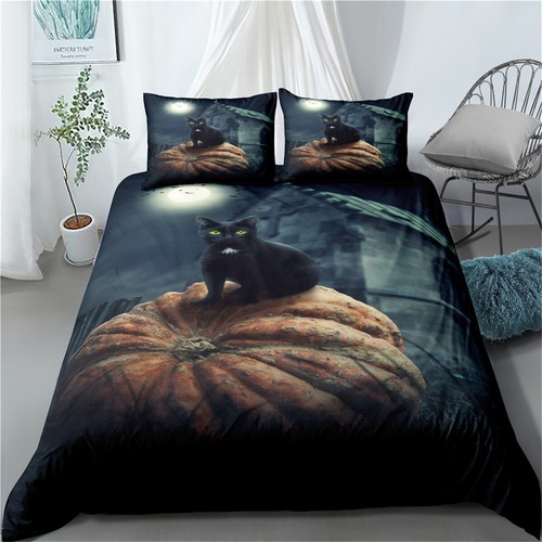 Twin/Full/Queen/King Size Bed Duvet/Quilt Cover Set Linen Pumpkin Cat Grey