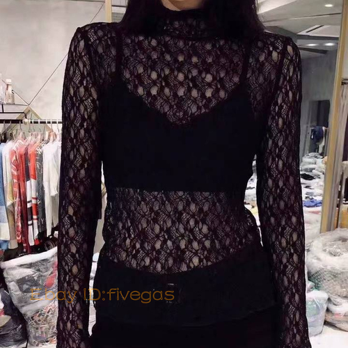 Women Lace Floral Sheer T-shirts Tops Shirts Blouse High Neck Mesh Tee - Picture 8 of 27