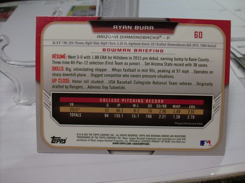 2015 Bowman Draft Chrome #60 - Ryan Burr - Arizona Diamondbacks 15-104 - Picture 2 of 2