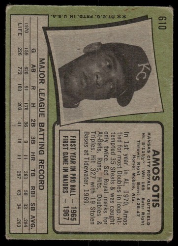 1971 Topps #610 Amos Otis Kansas City Royals LOW GRADE - Picture 2 of 2