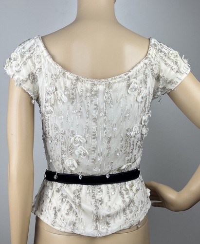 Women Scoop Neck Top Small Ivory White Beaded Shimmer Sheer Lined Glam - Picture 5 of 8