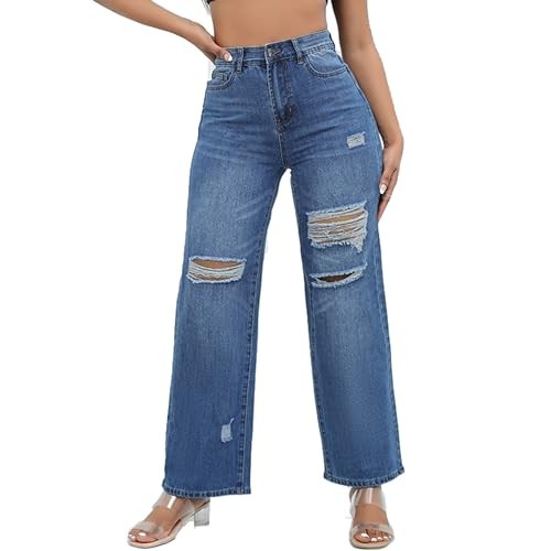 Womens High Waisted Wide Leg Jeans Stretchy Distressed Denim Pants - Picture 4 of 7
