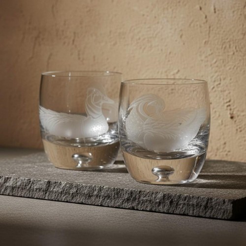 Perry Coyle Signed Etched Duck Whiskey Glasses Set: Heavy Bottom Tumblers