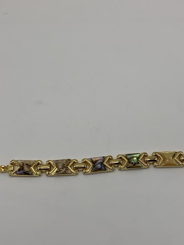 Abalone Dyed Inlaid Gold Tone Bracelet 7” - Picture 3 of 10