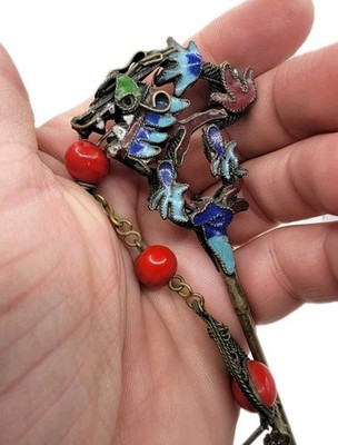 Antique Chinese enamel dragon Spits Fire buyao hair stick pin H118