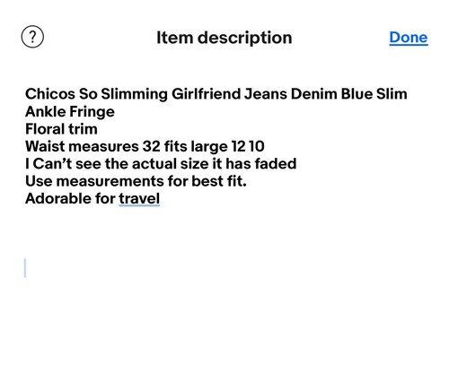 Chicos So Slimming Girlfriend Jeans Denim Blue Slim Ankle Fringe Floral 32 12 10 - Picture 6 of 6