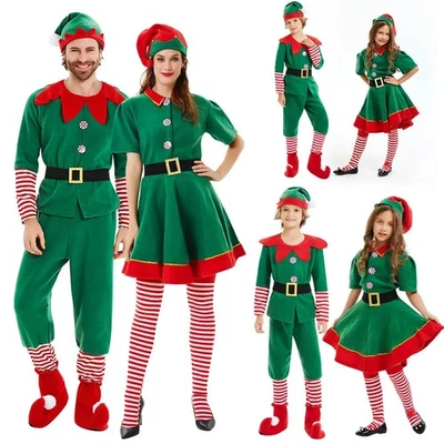Adults Kids Cosplay Christmas Elf Costume Fancy Dress Xmas Santa Helper Outfits