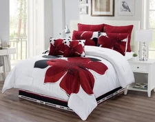 8 Piece - Burgundy Red, Black, White, Grey Oversize Comforter Set Floral Fine...