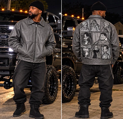 Original Authentic Platinum FUBU Men’s Gray Leather Bomber Jacket 2XL Graphic - product listing photo