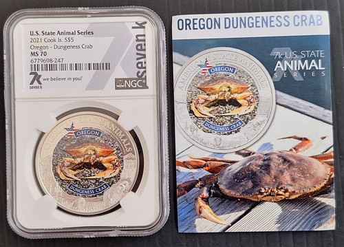 2021 Cook Is Oregon-Dungeness Crab 1oz Silver (99.9%) $5 UNC Coin SLABBED