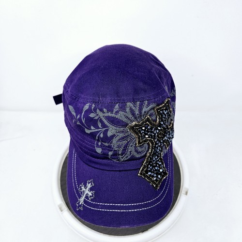 Women's Purple Embroided Rhinestones Y2K Army Cap Hat Y2K Grunge Biker Rock - Picture 2 of 7