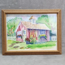 Original Watercolor Painting Garden Shed Gold Framed Signed 12x16 Spring Florals