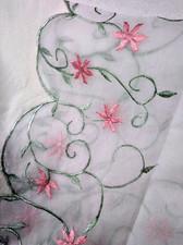 Scalloped Square Embroidered Pink Green Floral Table Topper Partial Sheer 16344