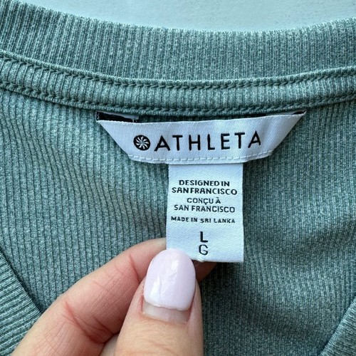 Athleta Women's Size Large Green Uptempo Ribbed Henley V Neck Top Long Sleeve - Picture 12 of 16