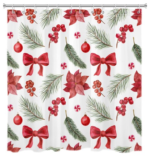 Winter Cute Bow Red and Green Christmas Shower Curtain Bathroom Accessories Set - Picture 6 of 25
