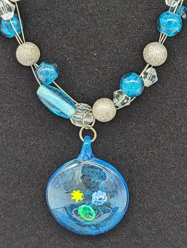 Artisan blue and silver beaded necklace millefiori glass pendant and earrings - Picture 2 of 3