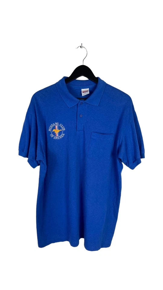Camisa polo Mustang Club Of America azul vintage tamanho XL